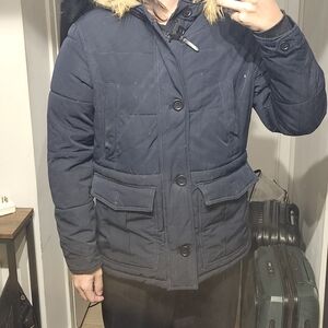 Zara Men's Dark Blue Puffer Jacket with Fur Trim